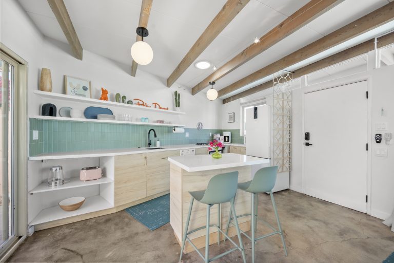 Mid-century house kitchen with island and open shelving
