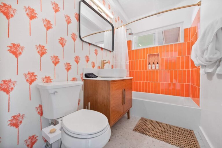 House bathroom with flamingo wallpaper