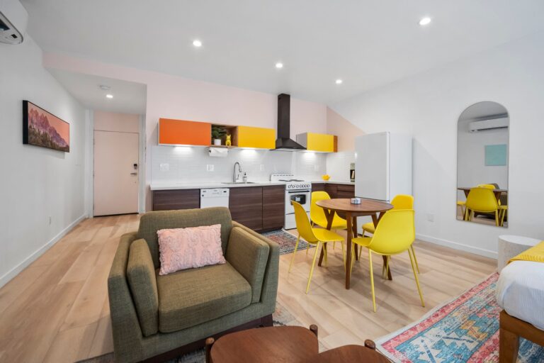 Yellow condo armchair and dining table